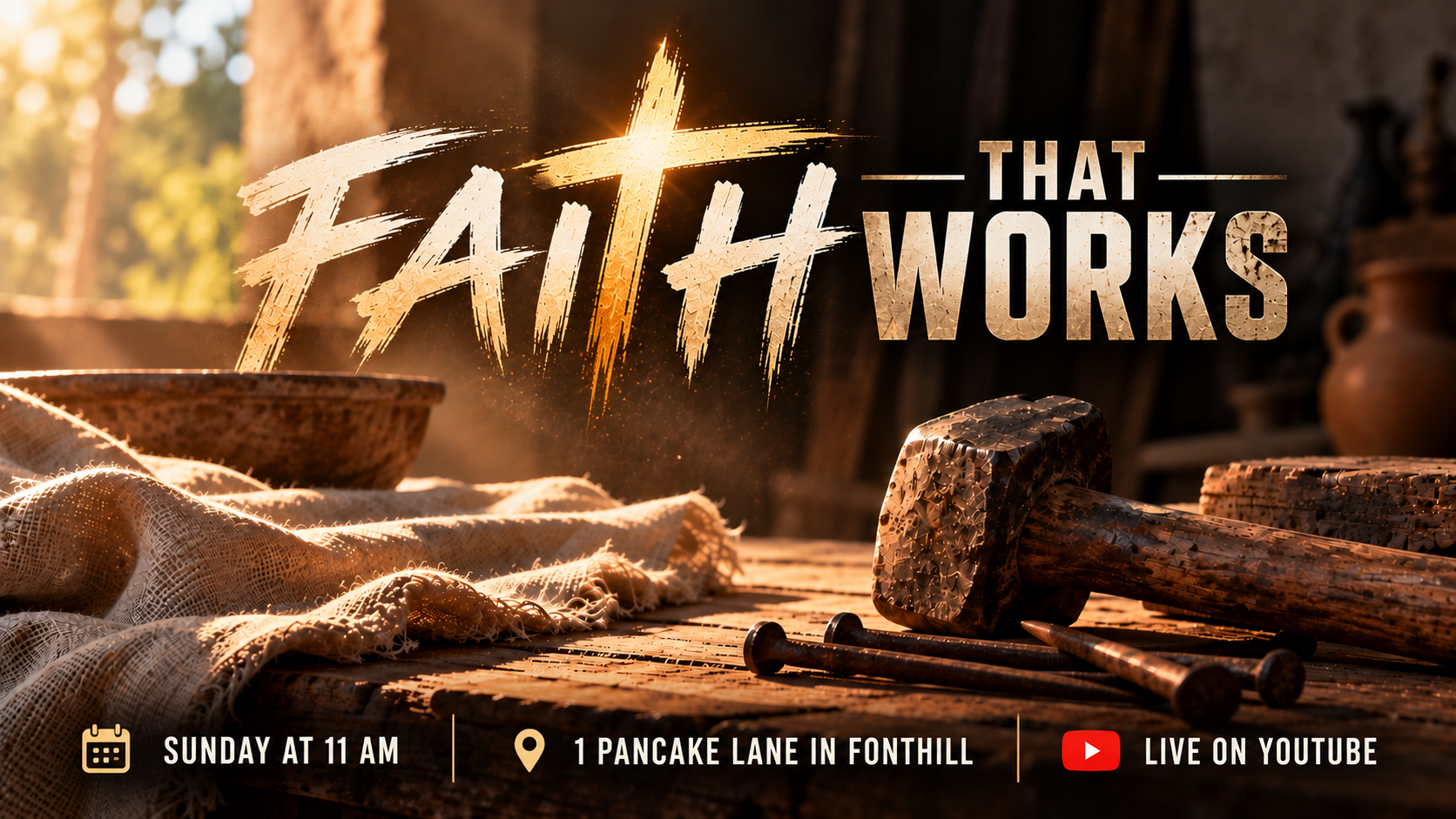 Faith That Works — sermon graphic with carpenter's tools and Sunday service details